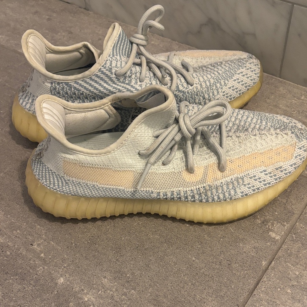 Blue and white Yeezys